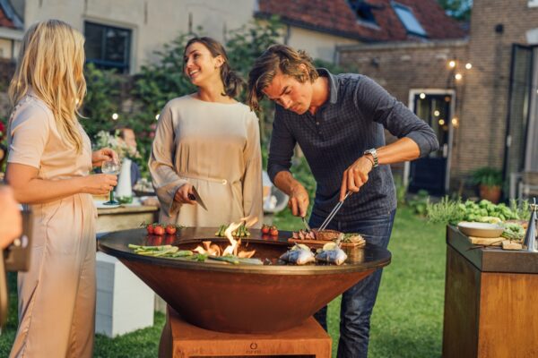 OFYR Corten 100 grill with wood-fired cooking grate